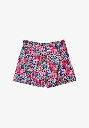 Shorts a fantasia con un vivace motivo floreale nei toni del rosa, blu e verde su uno sfondo nero. Realizzati in un tessuto leggero.