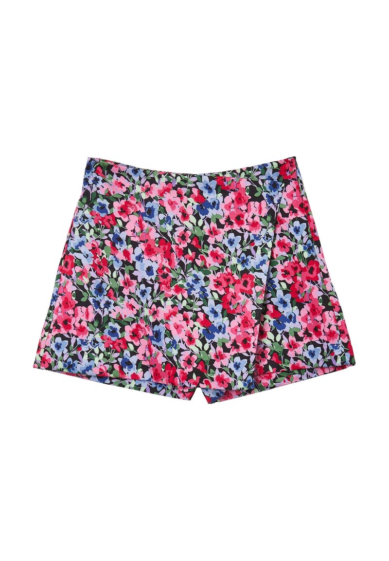 Gemusterte Shorts mit einem lebendigen Blumendesign in Pink, Blau und Grün auf einem schwarzen Hintergrund. Hergestellt aus einem leichten Stoff.