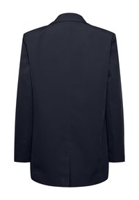 Dark navy blazer featuring a classic lapel, single vent at the back, and a smooth, textured fabric. No visible hardware or embellishments.