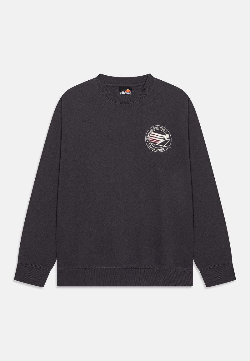 Sweat-shirt noir à col rond et manches longues, avec un petit logo circulaire du club de ski avec texte sur la poitrine gauche.