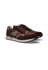 Sneaker marroni realizzati in una combinazione di suede, pelle e rete in tonalità scure. Stile con lacci, suola in gomma testurizzata e colletto imbottito.