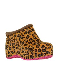 Zoccoli con motivo leopardato giallo, bordati di pelliccia marrone e con suola rosa. Presentano una forma arrotondata e una parte superiore testurizzata per una migliore aderenza.
