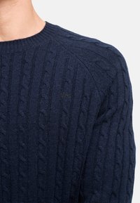 Granatowy sweter dzianinowy z wzorem w warkocze, ściągaczem u szyi i subtelnym detalem logo. Miękka faktura i regularny krój.