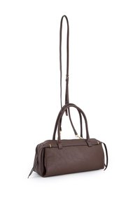 Brown leather handbag with a textured finish, dual top handles, removable long strap, and gold-tone hardware accents. Rectangular shape.