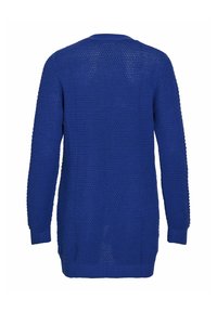 Cardigan en tricot bleu royal à manches longues avec motif texturé, poignets et ourlet côtelés, vu de dos.
