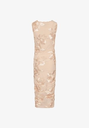 Beżowa sukienka midi bez rękawów o dopasowanym kroju, ozdobiona błyszczącym kwiatowym haftem na całej tkaninie.