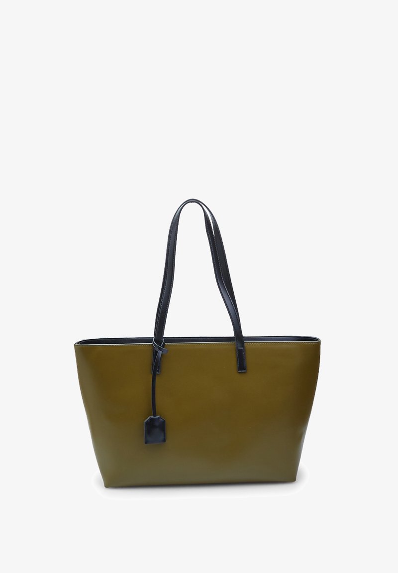 Olívazöld vászontáska fekete bőrkivitelű fogantyúkkal és illő részletekkel. Sima felület, téglalap alakú forma és egyszerű dizájn.