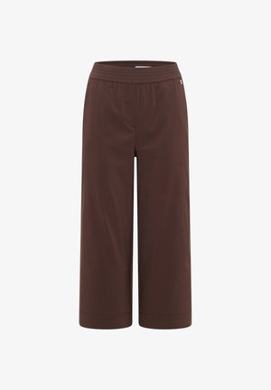 Bruine wijduitlopende cropped broek met elastische tailleband en subtiel zijlogo, gemaakt van gladde stof.
