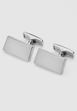 Rechteckige silberne Manschettenknöpfe mit gebürsteter Metalloberfläche und poliertem Zubehör, die ein schlichtes, modernes Design und eine glatte Textur aufweisen.