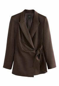 Hnedý tailored blazer s širokým klopom, asymetrickým predným dielom s otočeným detailom na kravatu a dlhými rukávmi. Vyrobený z hladkej látky.