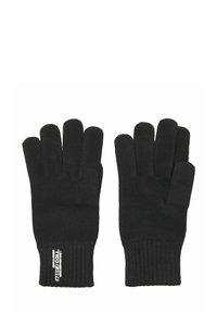 Guantes de lana negros con aberturas para cinco dedos, puños acanalados y una etiqueta con el logo en la zona de la muñeca. Textura suave y diseño simple.