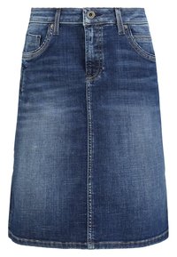 Denimhame tummansinisenä, suorahampaisena, keskipitkä muotoilu, etutaskut ja nappisuljenta. Hieman kulunut yksityiskohta.
