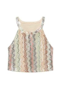 Top corto de lentejuelas con un patrón de zigzag en colores pastel, con tonos de rosa, verde y plata. Tela suave con un diseño sin mangas.