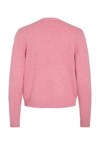 Růžový pletený cardigan s vroubkovaným lemem a manžetami, s klasickým kulatým výstřihem a jemnou texturou, navržený pro volný střih.
