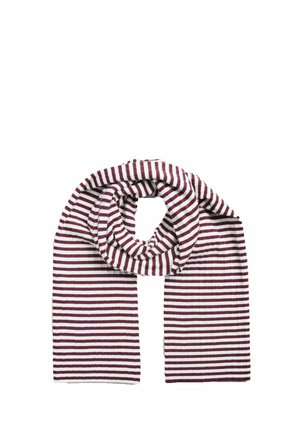 Écharpe tricotée avec des rayures horizontales alternées bordeaux et blanches, pliée en boucle lâche avec les deux extrémités pendant.