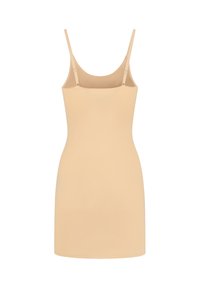 Beige naadloze shapewear slipdress met verstelbare dunne schouderbandjes, ontworpen voor een gladde silhouet.