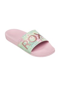 Roze slide sandaal met een bloemprint strap waarop de tekst "ROXY" in goud staat. Gemaakt van synthetisch materiaal met een gestructureerde zool.