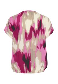 Short-sleeve top in a multicolored abstract pattern, featuring shades of pink, beige, and black. Rounded hem with loose fit.