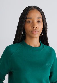 Sudadera verde hecha de una tela suave, con un cuello redondo y puños acanalados. Sutil logo en el pecho, mostrando una textura suave.