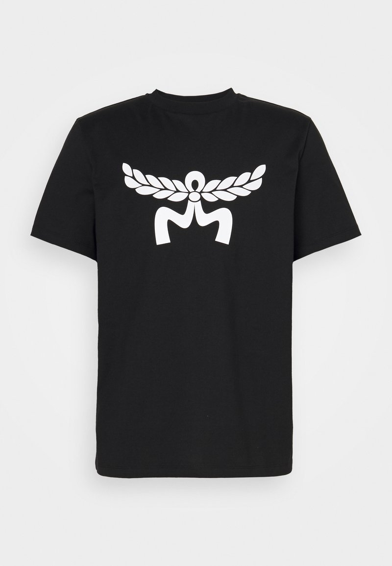 Schwarzes T-Shirt aus Baumwolle, das auf der Vorderseite eine große weiße Grafik eines Lorbeerkranzes und abstrakter Formen zeigt. Kurze Ärmel und Rundhalsausschnitt.