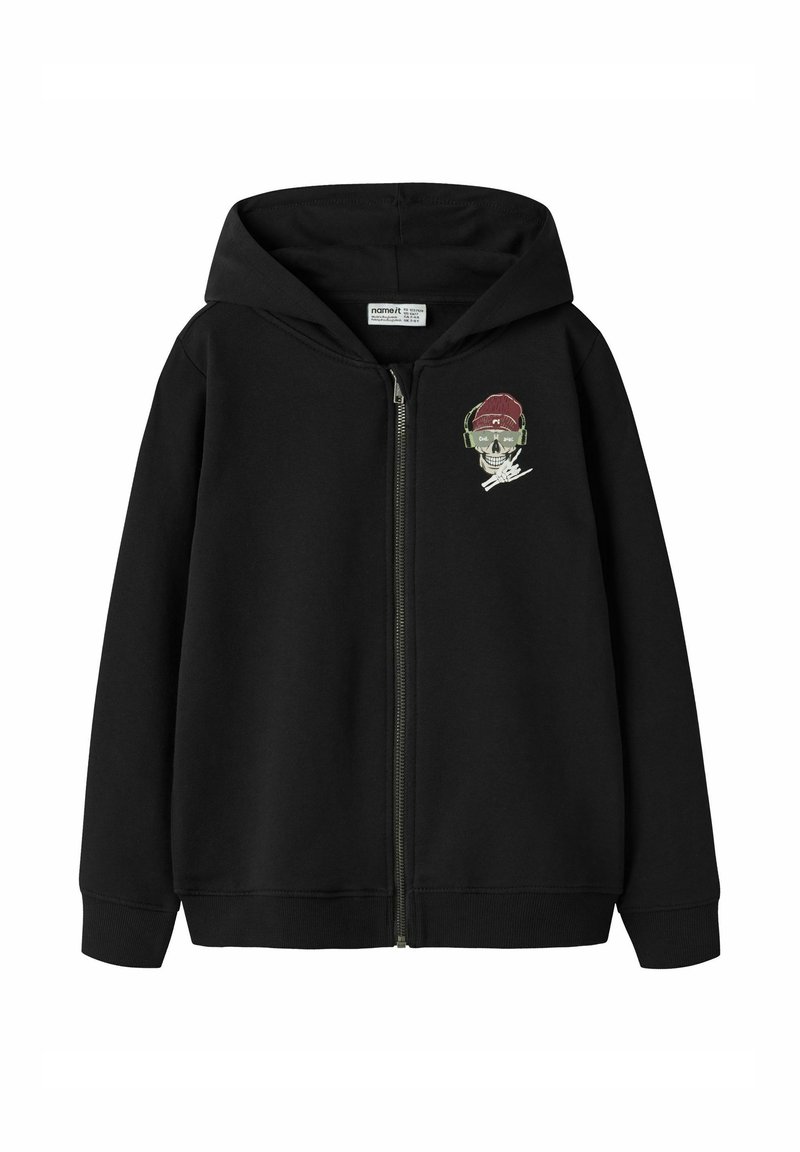 Juodas užsegamas užtrauktuku džemperis su priekiu, kairėje krūtinės pusėje siuvinėta spalvinga kaukolės dizaino detalė ir pamušalu dengta gaubtu.