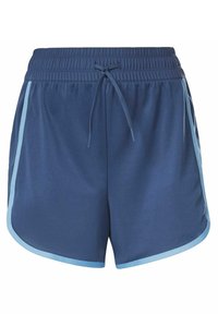 Marina blå shorts gjorda av lätt material, med ett elastiskt midjeband med dragsko, samt ljusblå sidokanter och piping.