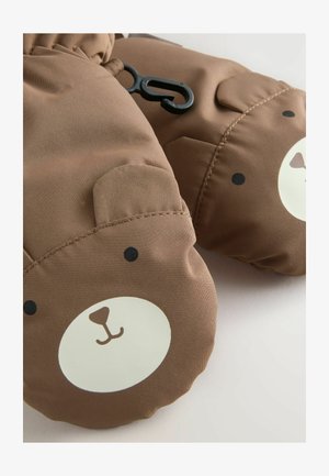 Braune gepolsterte Fäustlinge mit Bärengesichtern und kleinen Ohren, verbunden durch einen schwarzen Plastikclip vor einem hellen Hintergrund.