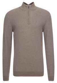 Brauner Strickpullover mit langen Ärmeln und einem Halbzip-Kragen. Verfügt über ein strukturiertes Muster und gerippte Bündchen und Saum.