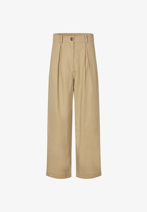 High-waisted beige wide-leg trousers with front pleats, a button closure, belt loops, and a smooth fabric texture.
