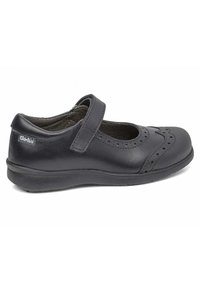 Zapato Mary Jane de cuero negro con punta redonda, detalles perforados, correa con cierre de gancho y bucle, y suela plana de goma.
