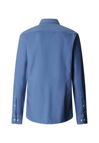 Blaues, langärmeliges Hemd mit Knöpfen, von hinten gezeigt, mit klassischem Kragen und geknöpften Manschetten.