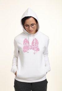 Vit hoodie med en stor rosa leopardmönstrad rosettdesign. Texten nere i botten lyder "Yours Truly." Mjuk tygkvalitet och dragsko i huvan.