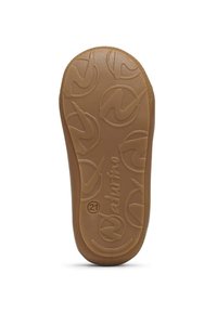 Suola di scarpa in gomma con una superficie marrone chiaro texturizzata che presenta un motivo a logo circolare e scanalature per la trazione, marchiata "Naturino."