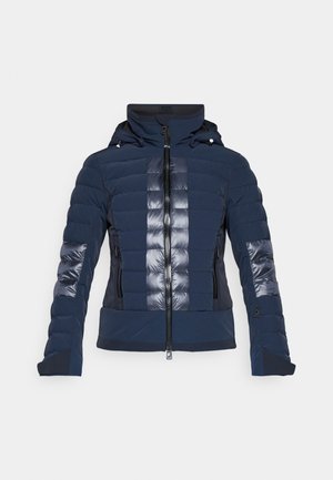 Marineblaue Daunenjacke mit einer glatten, gesteppten Textur. Verfügt über einen Reißverschluss vorne, eine verstellbare Kapuze und glänzende Paneelelemente. Zwei Seitentaschen.