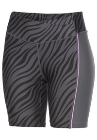 High-waisted athletic shorts in a black and gray zebra print, made from stretchy fabric with pink accent seams and smooth texture.