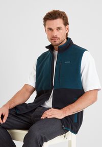 Man with short brown hair and beard wears teal and navy fleece vest over white shirt, sitting on white chair against plain background.