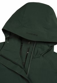 Giacca impermeabile verde con cappuccio, dotata di zip frontale, regolazioni con cordino e logo del marchio sul cappuccio. Texture liscia.