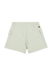Hellgrüne Cargo-Shorts aus weichem Gewebe, mit einem elastischen Bund und Seitentaschen. Champion-Logo auf der Rückseitentasche rechts.