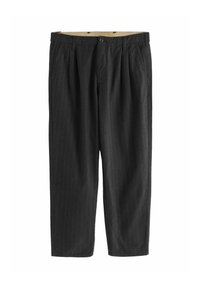 Schwarze maßgeschneiderte Anzughose mit feinen Streifen, vorderen Falten, seitlichen Taschen, Gürtelschlaufen und Knopfverschluss.