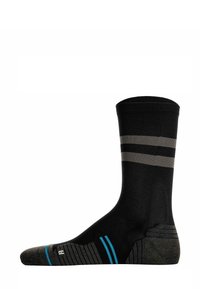 Schwarze Sportsocke mit grauen horizontalen Streifen und blauen Akzenten, mit geripptem Muster, verstärkter Ferse und gemustertem Fußbett.