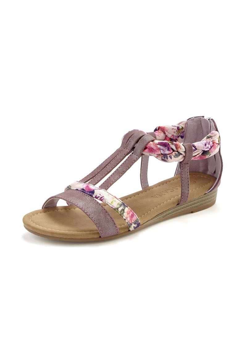 Purple sandal with floral fabric accents, featuring an open toe design, adjustable straps, and a low, textured sole.