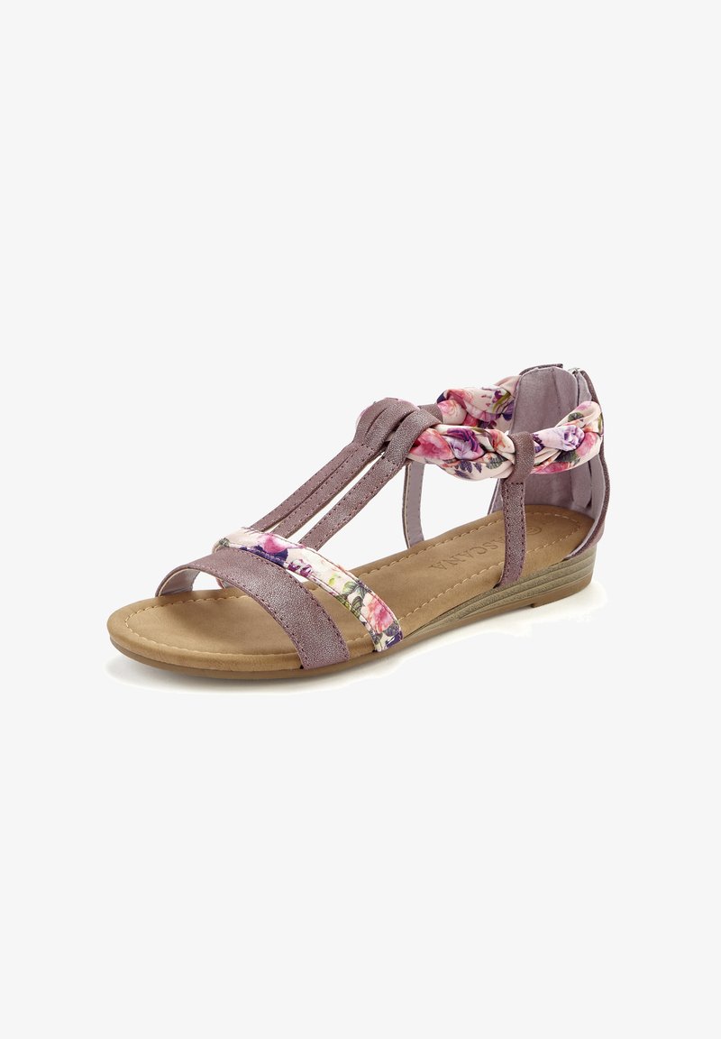 Purple sandal with floral fabric accents, featuring an open toe design, adjustable straps, and a low, textured sole.
