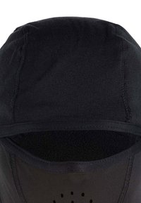 Balaclava nera con una texture liscia e morbida, design senza cuciture e fori di ventilazione nella parte anteriore. Realizzata in un tessuto elastico.