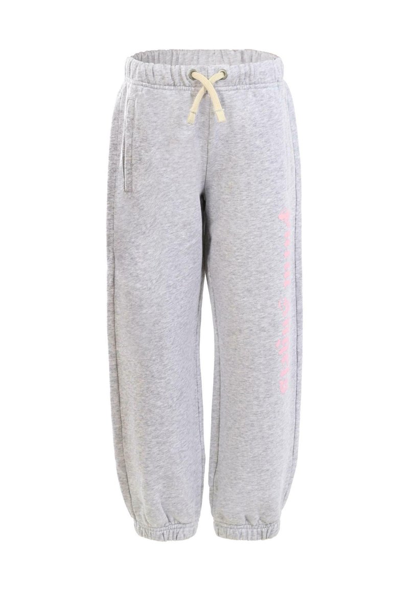 Grijze joggingbroek van zacht materiaal, met een elastische tailleband met koord en een roze bedrukt detail op het linkerp pantalonbeen.