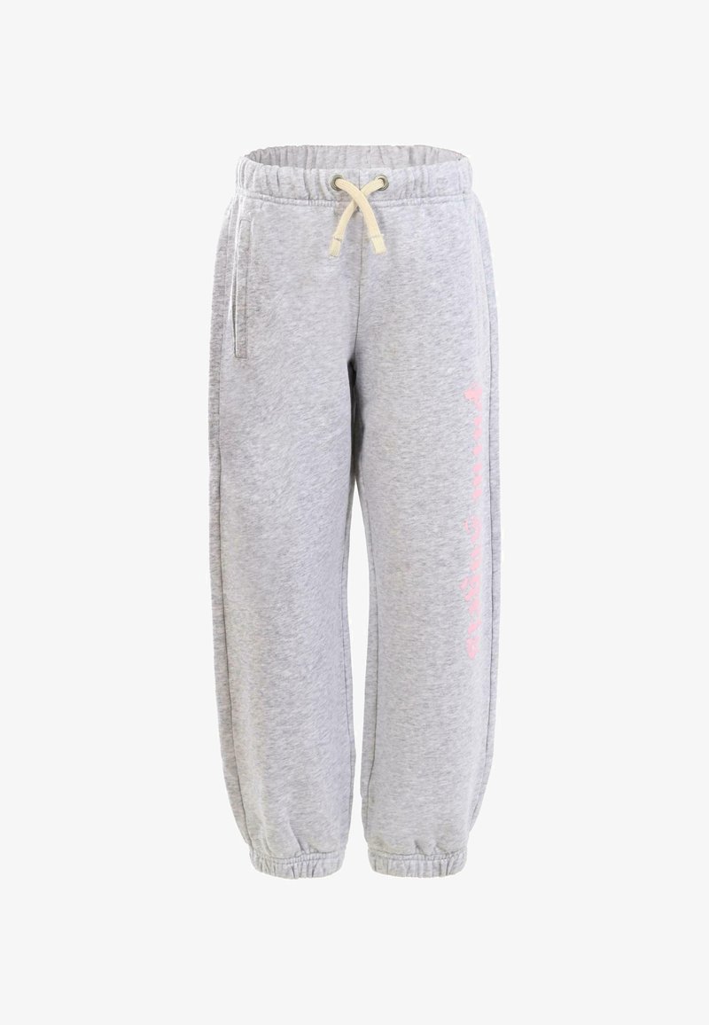 Pantalon de jogging gris en tissu doux, doté d'une taille élastique avec cordon de serrage et d'un détail imprimé rose sur la jambe gauche.