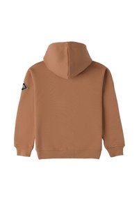 Brązowa bluza z kapturem z trójkątną łatą z logo na lewym rękawie oraz prążkowanymi mankietami i dolnym brzegiem. Teksturowany, miękki materiał.