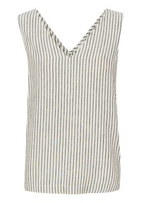 Débardeur sans manches avec un design en V et des rayures verticales dans des teintes beige, bleue et grise, fabriqué à partir d'un tissu léger.