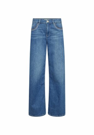 Plave široke traperice s visokim strukom, prednjim gumbom, patentnim zatvaračem i ukrasnim šavovima na prednjim džepovima, prikazane na bijeloj pozadini.