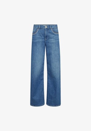 Modre široke kavbojke z visokim pasom, z gumbi spredaj, zadrgo in dekorativnim šivom na sprednjih žepih, prikazane na belem ozadju.