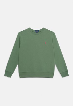 Sweat-shirt vert à manches longues avec col rond, poignets et ourlet côtelés, avec un petit logo rose brodé sur le côté gauche de la poitrine.